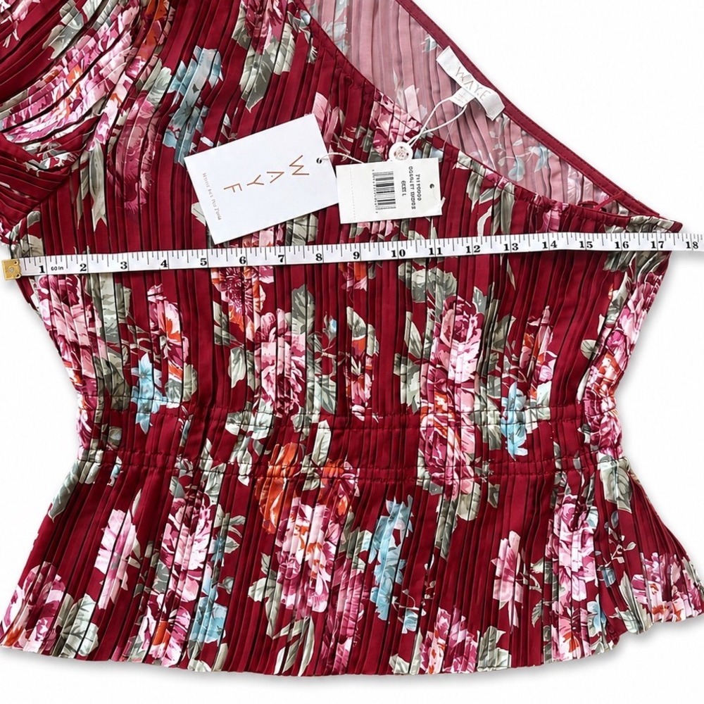 WAYF One Shoulder Pleated Floral Blouse Burgundy Scattered Roses Size L NEW - Picture 2 of 6